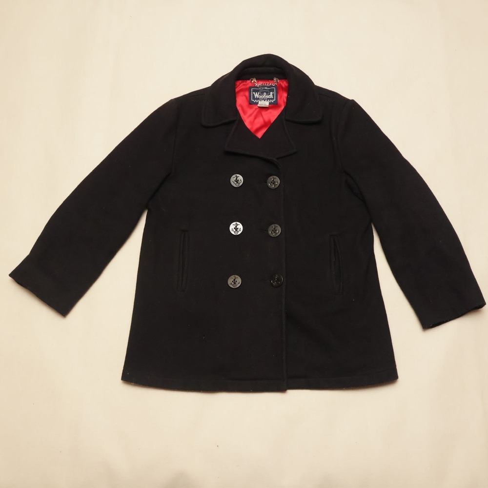 Vintage Woolrich Woman M Black Pea Coat Red Lining Double-Breasted USA